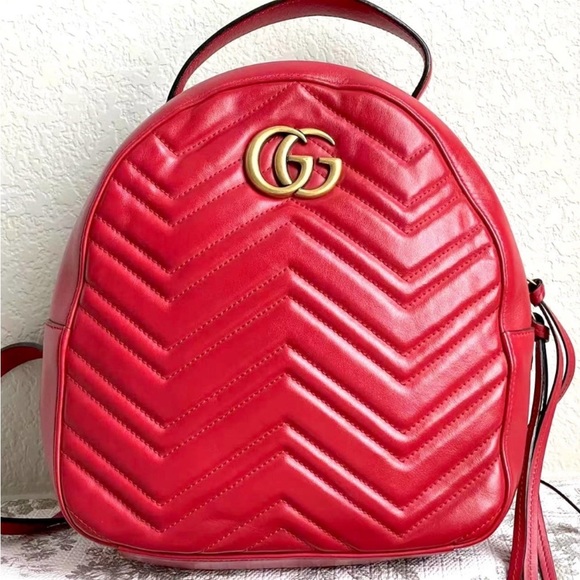 Gucci Handbags - GUCCI Matelassé GG Marmont Red Leather Backpack